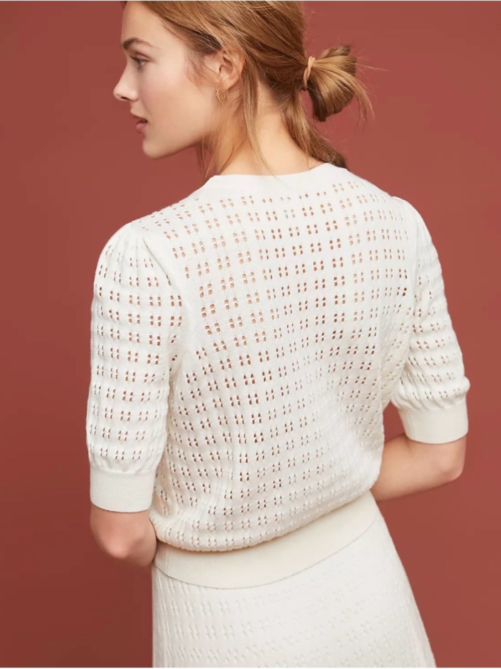 Anthropologie meadow rue Cadenza Cream Openwork Knit Short-Sleeve Top - Picture 2 of 8